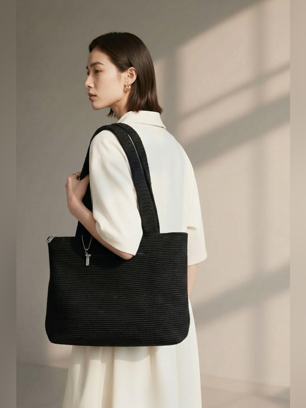 The Sak" Crochet Zip Closure, Inside & Outside Zip Pocket Shoulder Bag Black